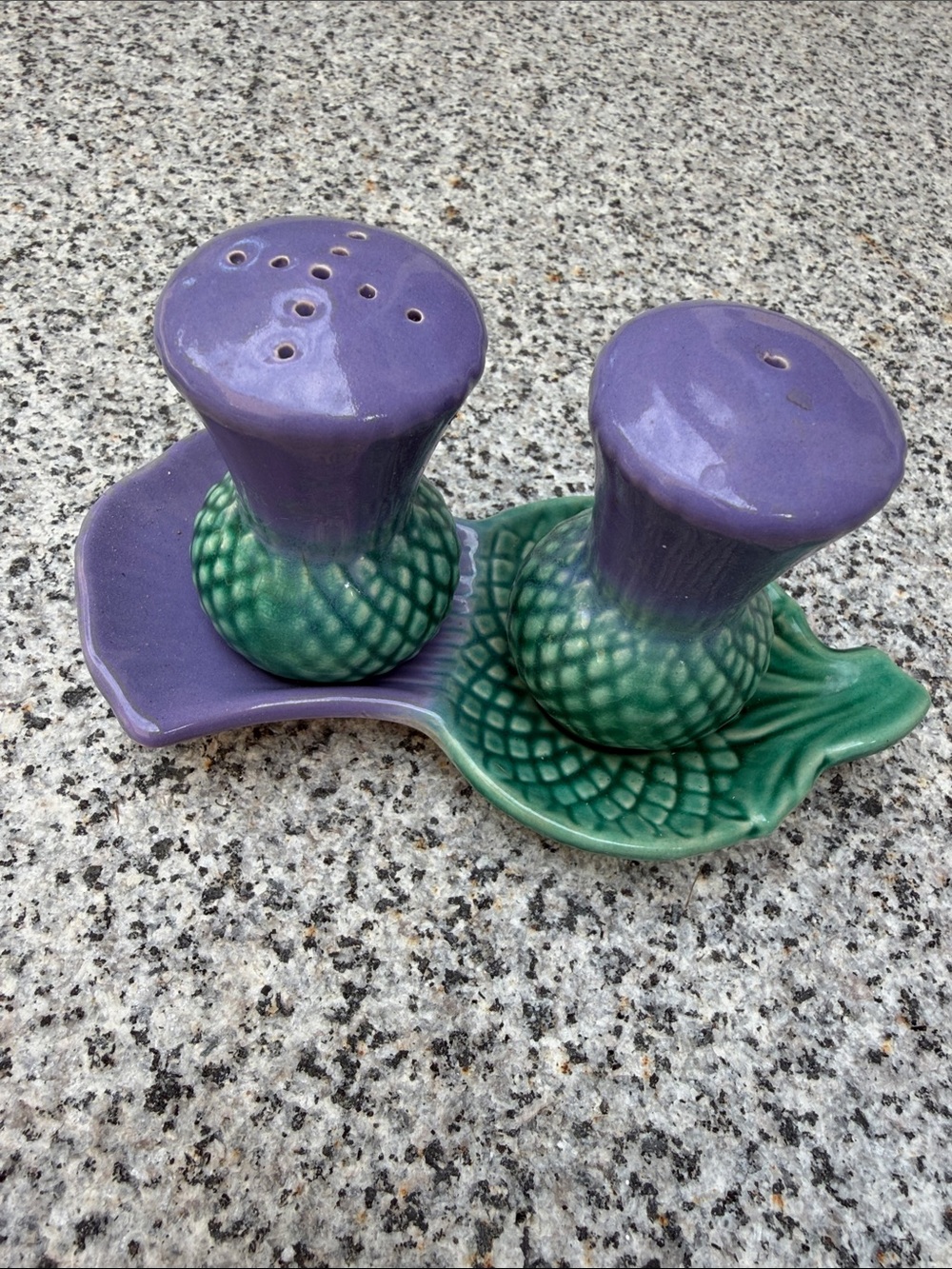 Stanley Purple and Green Ceramic Salt & Pepper Set with Tray